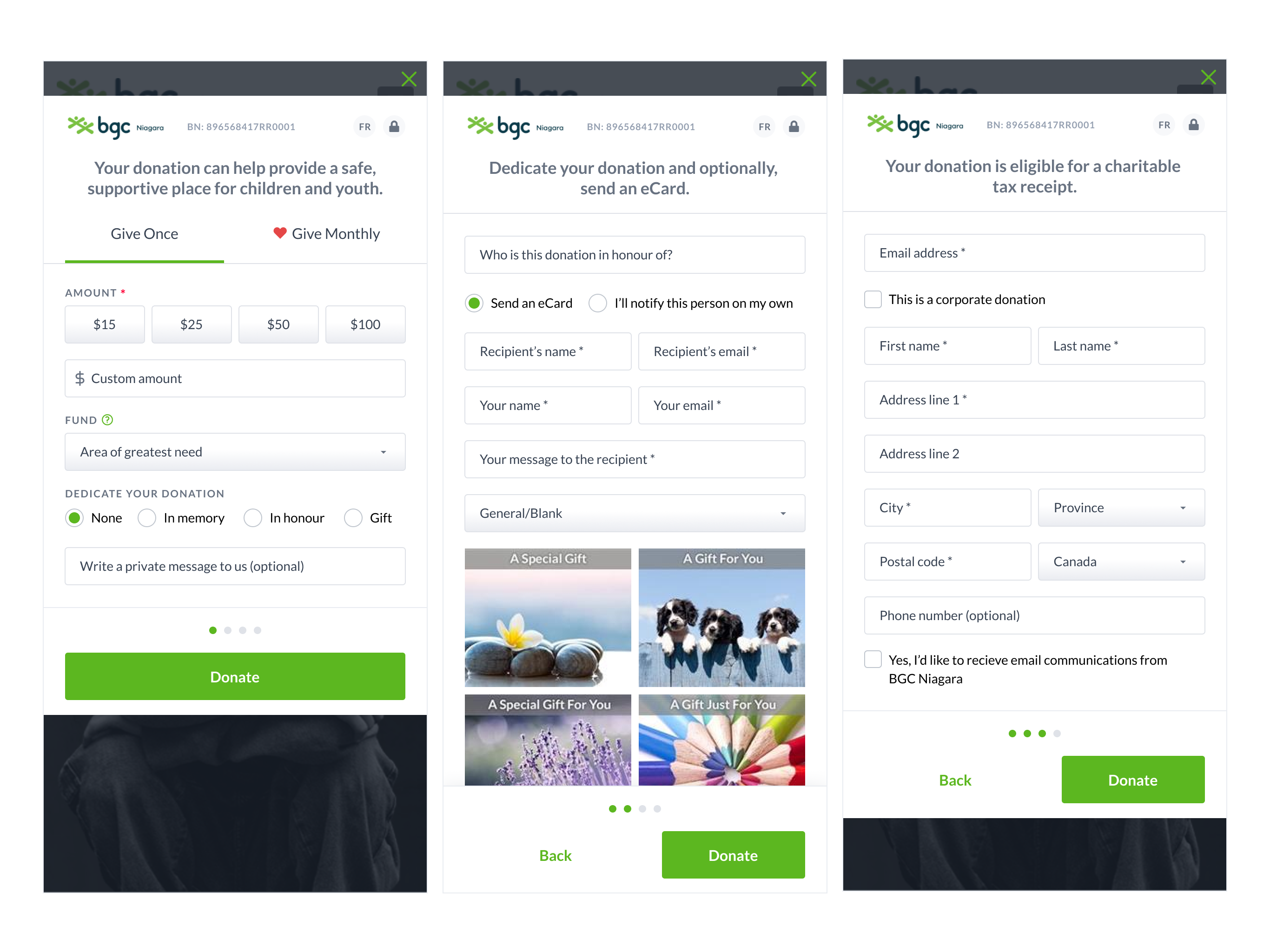 Three mobile screens showing the first 3 steps of the donation process from the perspective of a donor user.